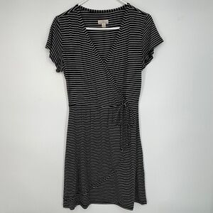 Tehama Womens Small Pullover T-Shirt Dress Black White Stripes V-Neck Tie Waist